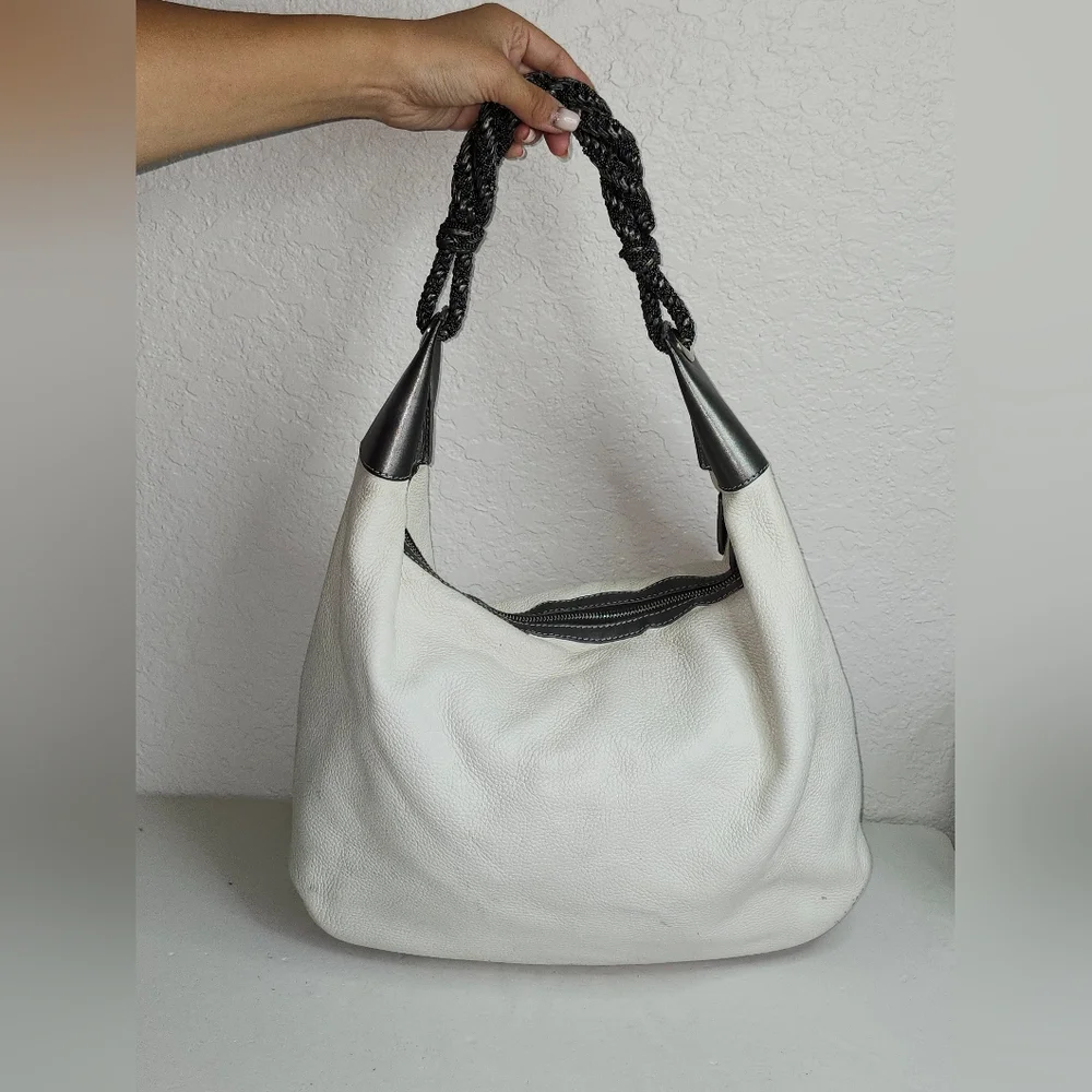 Oscar de la Renta Off White Leather Zipped Hobo
